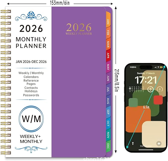 2026 Planner Weekly and Monthly, 2026 Academic Year (January 2026 - December 2026) Calendar wirh Tabs, Agenda Book for School Student, Teachers, Office Supplies,Home, 6" x 8.5" (Purple JAN2026-DEC2026)