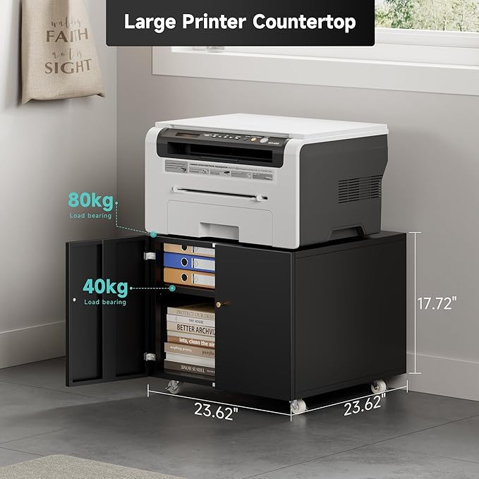 Warmiehomy Metal Printer Stand with Storage Mobile Printer Tables for Small Spaces with Door Adjustable Shelf Black File Cabinet on Wheels for Home Office