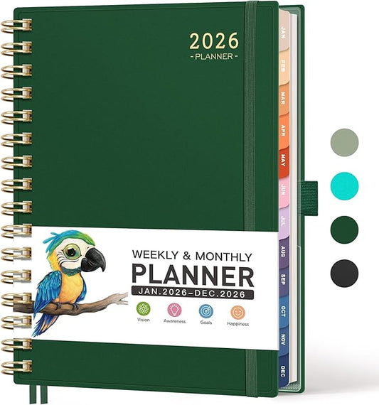 RETTACY 2026 Planner, Weekly and Monthly, Medium Size (5.7" x 8.3"), Jan - Dec 2026, Agenda, Calendar, 12 Month Tabs, Flexible Plastic Cover, 100 GSM Thick Paper, Spiral-bound (Dark Green)
