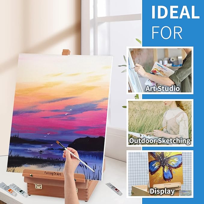 Falling in Art Wooden Tabletop Easel, Solid Wood Sketchbox Desktop Easel for Painting, Portable Art Drawing Easel for Beginners and Professionals