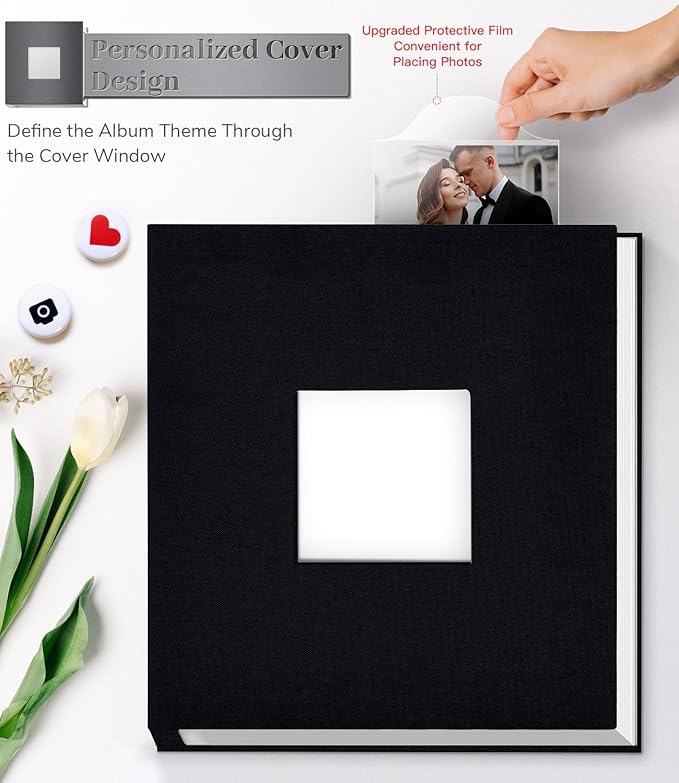 Photo Album Self Adhesive Scrapbook Album for 3x5 4x6 5x7 8x10 Pictures, 60 Pages Linen Cover with Display Window DIY Photo Book,Ideal Gifts for Family Travel Wedding Baby