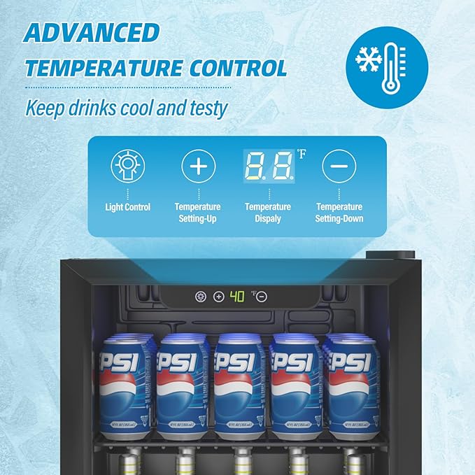 Compact Beverage Refrigerator,60 Can/1.3 Cubic Feet Mini Fridge with Glass Door for Soda, Beer, or Wine, Under Counter Small Refrigerator with Adjustable Shelves and Digital Display