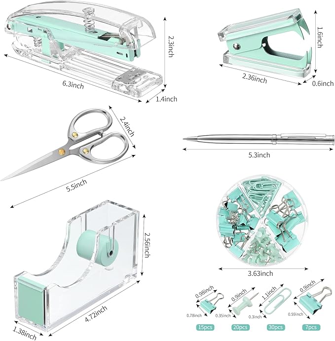 Office Supplies Set Desk Accessory Kit, Acrylic Stapler Set Staple Remover, Tape Dispenser, Binder Clips, Paper Clips, Ballpoint Pen and Scissor with 1000 Pieces 26/6 Staples (Green)