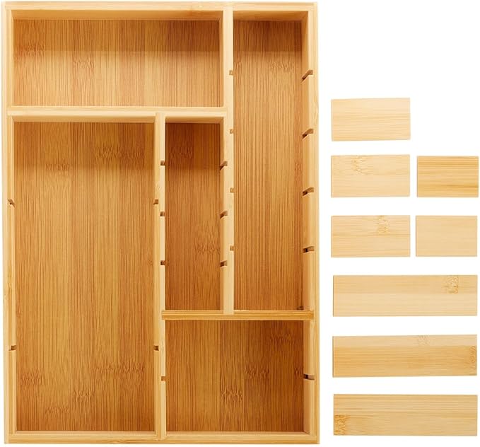 Juvale Drawer Organizer Tray - 8-Slot Drawer Divider for Utensils - Versatile Silverware Holder - Desk Tray for Office Supplies - 14 x 10 x 2 in, Brown, Bamboo