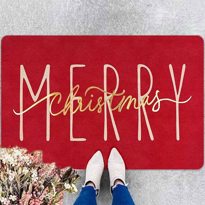 Christmas Door Mat Entrance Front Porch Rugs Red Gold Merry Christmas Doormat Non-Slip Rug Welcome Mat for Entrance Indoor Home Bathroom Floor Decoration, 16" x 24" Inch