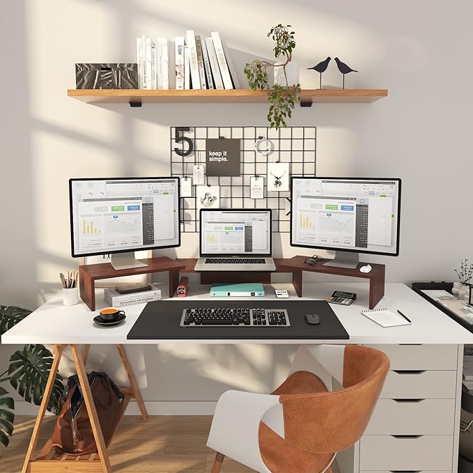 WESTREE Triple Monitor Stand Riser - Extra Long, Adjustable Length & Angle, 3 Shelf Desktop Storage for 1-3 Monitors