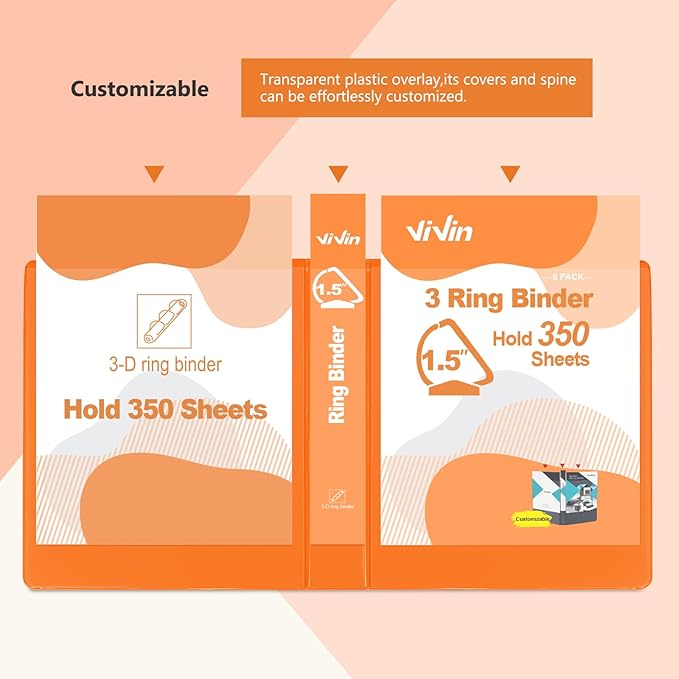 ViVin Sturdy 1.5 Inch 3 Ring Binder with Pockets, Slant-D Ring, PVC-Free, Customizable Clear View Binder,Holds 350 Sheets of 8.5" x 11" Paper,6 Pack (Orange)