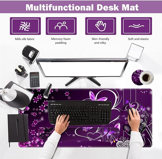 ARTSO Desk Mat, Large Gaming Mouse Pad Wrist Support Set, Ergonomic Keyboard Wrist Rest Desk Pad with Coaster Combo, Extended Mousepad with Non-Slip for Home Office, Purple Heart Butterfly