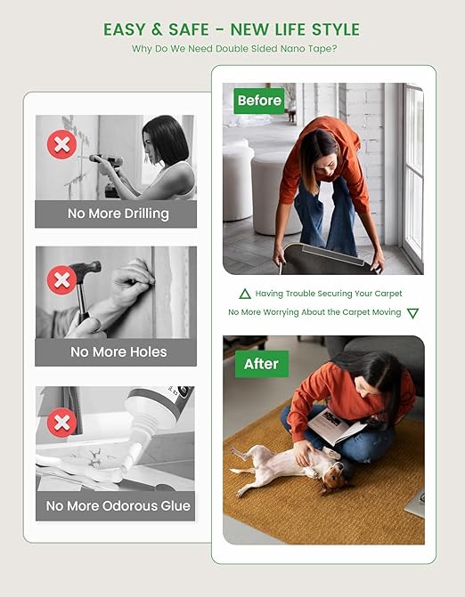 Double Sided Tape Heavy Duty, Double Sided Mounting Nano Tape 16.4FT, Clear & Tough Two Sided Adhesive Tape, Removable Picture Hanging Strips for Wall, Poster, Carpet, Home Office, 4 Pack