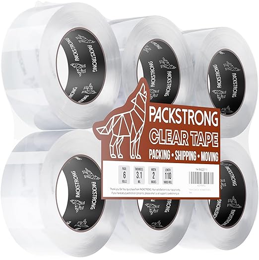 Packstrong Industrial Grade Clear Packing Tape 6 Rolls - Extra Strong - 110 Yards per Roll - 2" Wide x 3.1 mil Thick, Acrylic Adhesive Heavy Duty Tape for Box Office Moving Packaging Shipping