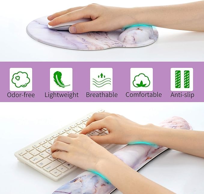 RICHEN Keyboard Wrist Rest and Mouse Pad with Wrist Support, Memory Foam Set for Gaming and Office, Comfortable & Lightweight for Easy Typing & Pain Relief (Marble2)