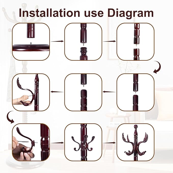 Solid Wood Coat Rack – 72" Freestanding Coat Racks Stand with 14 Hooks & Stable Base, Adjustable Height Modern Wooden Hall Tree for Entryway, Bedroom, Office, Home (Mahogany Phoenix Hook)