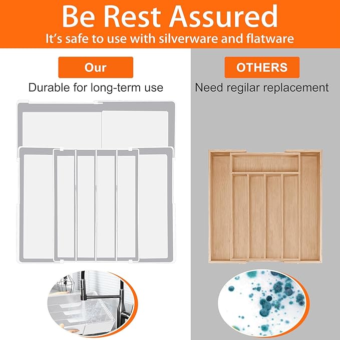 Silverware Organizer - Expandable Silverware Tray for Drawer, Adjustable Utensil Drawer Organizer for Forks, Knives, Kitchen Organizers and Storage, White