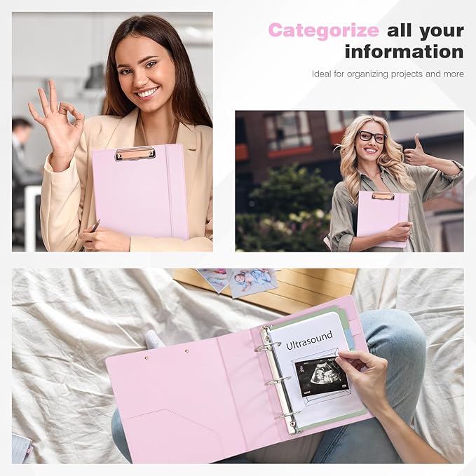 Ospelelf Mini 3 Ring Binder 5.5" x 8.5", 2 Inch Clipboard Binder with Dividers, Professional Leather Binders Organizer for Office, School, Pink