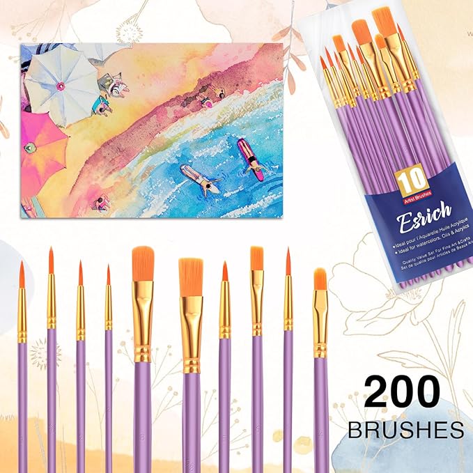 ESRICH Acrylic Paint Brushes Set, 20 Packs / 200 Pcs Nylon Hair Paint Brushes,Paint Brush Set Suitable for Oil,Watercolor,Rock Body Face Art, Kids Adult Perfect Art Painting Craft Paint Brush Kits.