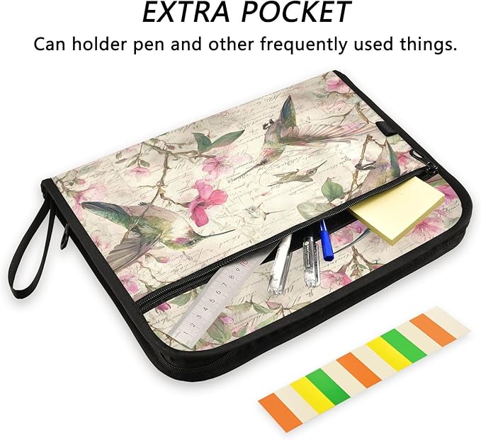 Hummingbird Pink Flowers Expanding File Organizer with 13 Pockets Accordion File Folders with Labels,Portable Document Paper Bill Receipt Organizer,Home College School Office Supplies, Letter