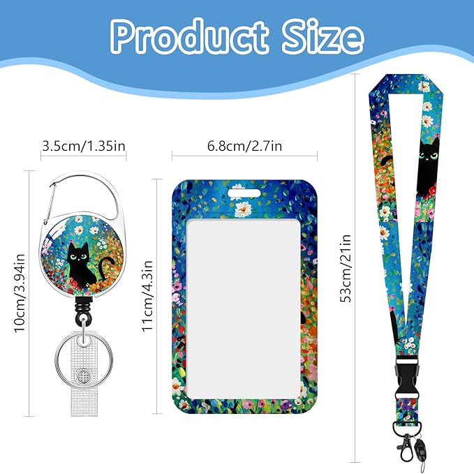 Lanyard with Id Holder, Oil Painting Flower cat Badge Holder with Retractable Lanyard, ID Holder with Badge Reel Clips, Animal Keychain Name Tag Teacher Women Doctor Office Gift