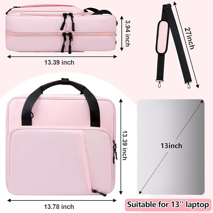 3 D-Ring Zipper Binder 2 Inch with Shoulder Strap, Waterproof Oxford Binder with Zipper Storage 500 Sheets Capacity, Multi-Pockets Organizer Bag for 13 Inch Laptop School& Office (Pink)