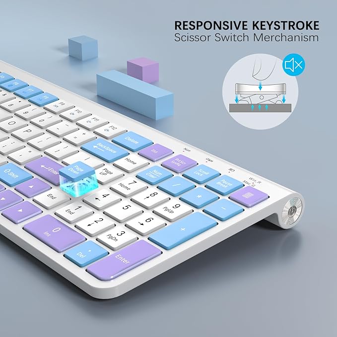 Colorful Wireless Keyboard with Low-Profile Keys-Soft Touch,Cute,Quiet Design,Windows & Mac OS，Office Cordless Slient Computer Keyboard for Desktop,Laptop, PC, Mac, Windows-Purple Blue White