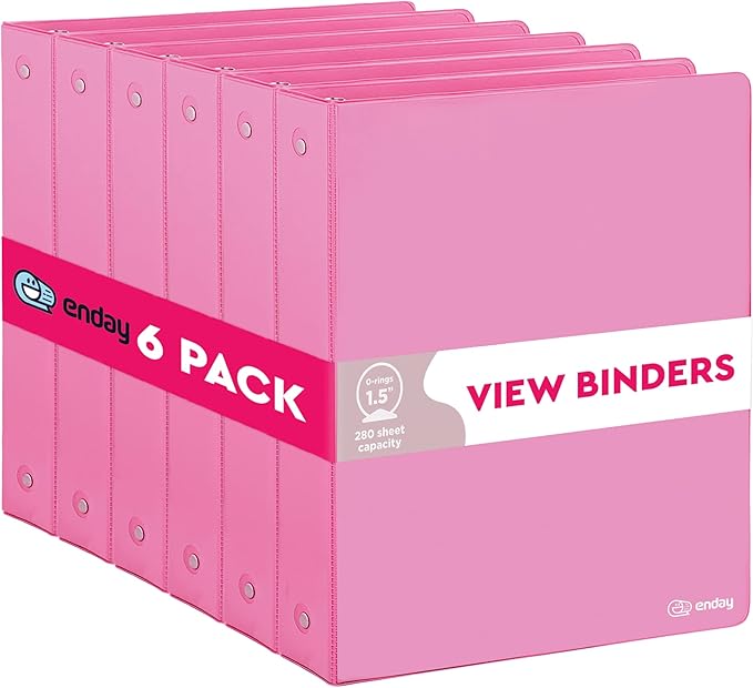 3 Ring Binder Pink, 1.5 Inch Clear View Cover with 2 Inside Pockets Binder, Colored School Supplies 1 ½ Inch Round Ring Binders, Also Available in Red, Blue, Purple, Green, and Grey (6 PC) – by Enday