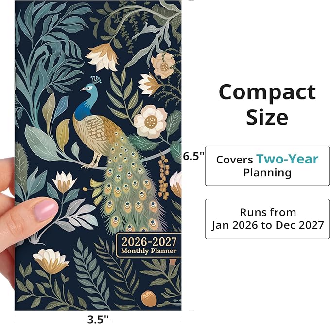 Pocket Calendar 2026-2027 for Purse, Two Year Monthly Planner Pocket Size, Jan 2026 to Dec 2027 Monthly Planner Small Size (6.5" x 3.5") - Jungle Peacock
