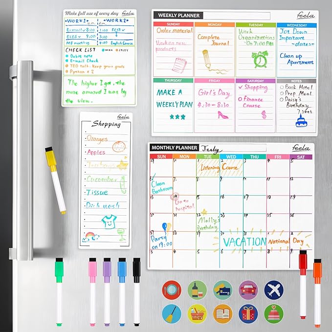 4 Pack Dry Erase 2024 Magnetic White Board Calendar Kit, Feela Monthly Weekly Calendar for Wall Refrigerator, Office Supplies with 8 Magnetic Erase Markers, 1 Eraser, 10 Stickers for Schedule