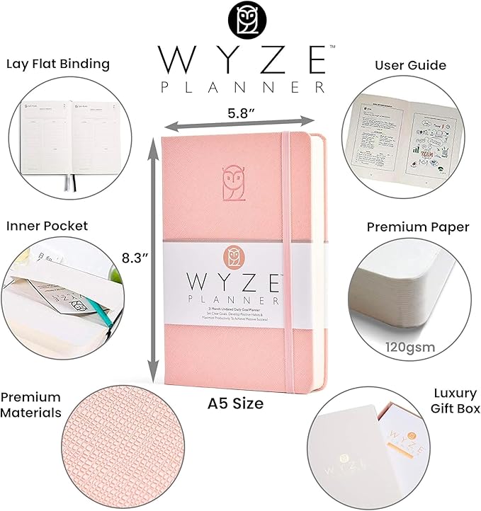 Undated Daily Planner – 3-Month A5 Productivity Organizer with Full Page Per Day, Hourly Schedule, Goal Setting, Habit Tracker, Weekly & Monthly Pages – Hardcover Time Management Notebook (Pink)