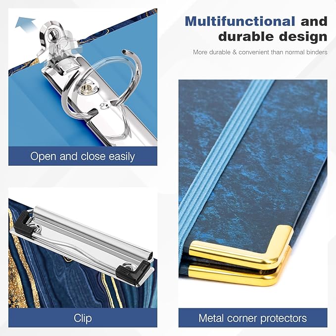 Ospelelf 3 Ring Binder, 1 Inch, Cute Letter Size (11" x 8.5") with 5 Tab Dividers, File Folder Labels and Low Profile Clipboards, Blue Marble