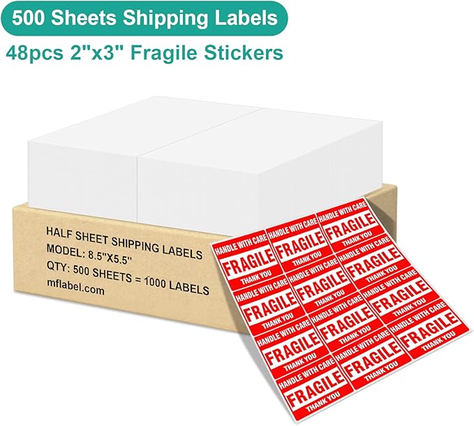 MFLABEL 8.5 x 11 Inch Half Sheet Shipping Labels - 1000 Adhesive Sticker Papers for Laser & Inkjet Printer (500 Sheets, 48 Free Fragile Stickers) - Ultimate Pack for FBA, Packages & Mailings
