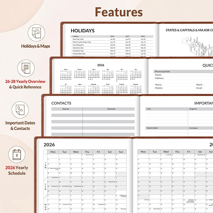 SUNEE 2026 Weekly & Monthly Hardcover Planner 5.5" x 8.3" - 12 Month (January 2026 - December 2026), Small Hardcover Planner, Pocket, Notes, 100 GSM Paper, Brown