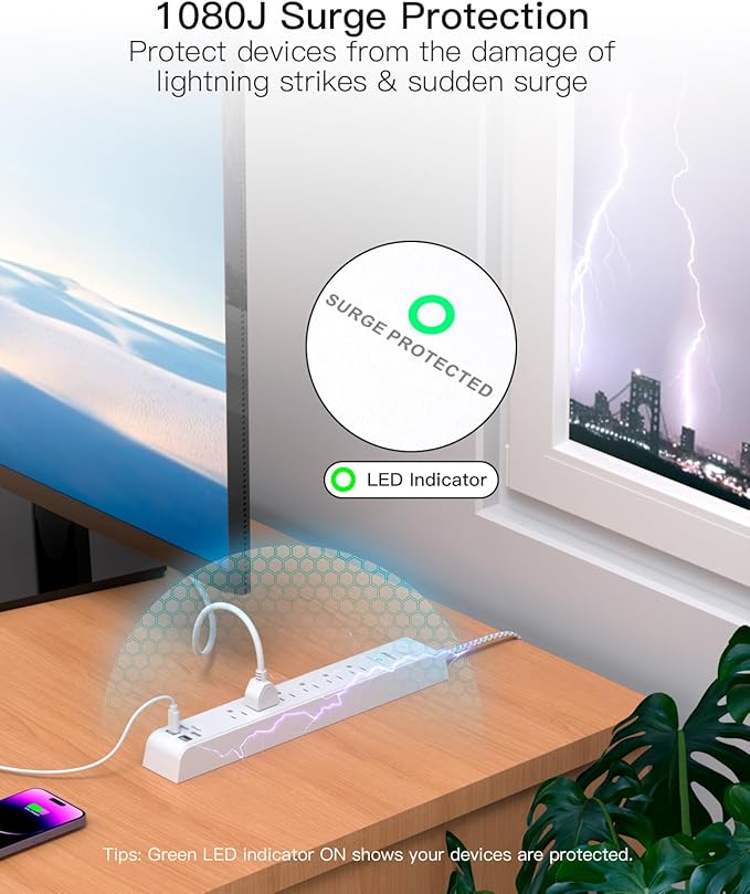 Surge Protector Power Strip - 6 Outlets 4 USB Charging Ports, 5Ft Braided Extension Cord, Flat Plug, Overload Protection, Wall Mount for Home Office, Dorm Room Essentials