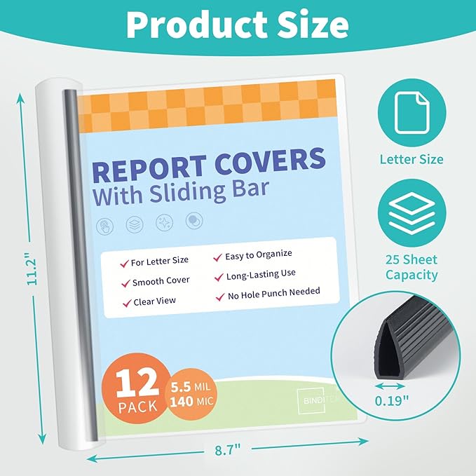 Binditek 12 Pack Clear Report Covers with Sliding Bars, 25 Sheet Capacity, 5mm Binding Bars, Letter Size, 5.5 Mil Thick, Black, for Students and Coworkers