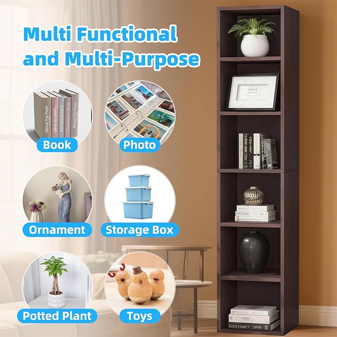 70.9" Wooden Bookshelf, 6-Tier Bookshelf with Open Storage, Corner Bookcase, Display Shelf for Bedroom and Living Room Offices, Walnut