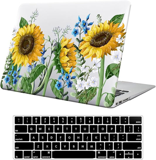 KEROM Compatible with MacBook Air 13 inch Case 2022 2021 2020 2019 2018 Release M1 A2337 A2179 A1932 Retina Display Touch ID, Plastic Hard Shell Case & Keyboard Cover, Sunflower