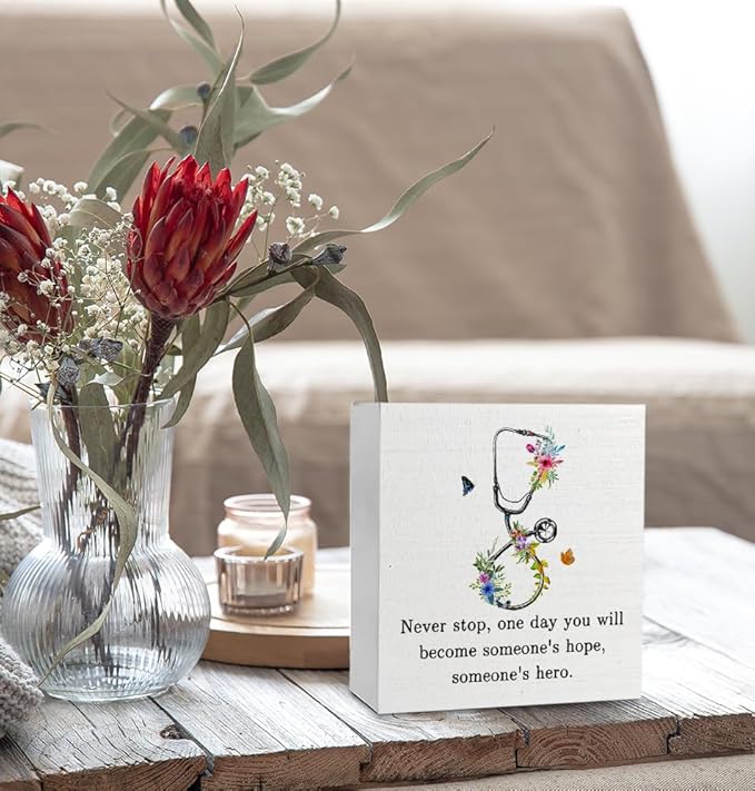 Doctor Nurse Office Decor - Doctor Nurse Graduation Decorations, Nurses Week Decorations, Nurse Doctor Gifts, Medical Nursing Student Gifts, Floral Stethoscope Wooden Signs Desk Decor 5x5