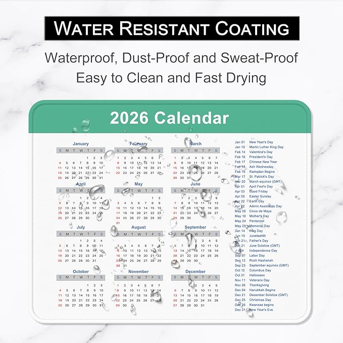 2026 Calendar Mouse Pad, Square New Year 2026 Mousepad 10.2 x 8.3 Inch, Stitched Edge Anti-Slip Waterproof Rubber Computer Mat for Office, Gaming, Laptop, New Year Office Supplies Gift, Green