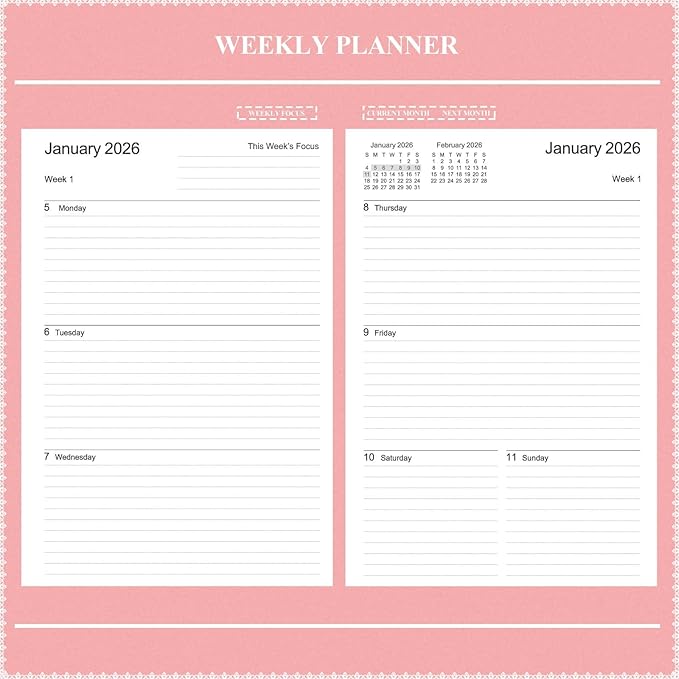 Tiankool Planner 2026-2027 - Jan 2026-Jun 2027 Weekly Monthly Planner with 18 Monthly Tabs, Elastic Closure, Inner Pocket, Round Corner,5.8" x 8.25"- Pink