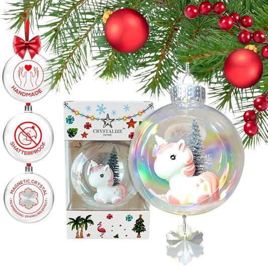 Baby Unicorn Christmas Ornament - Handmade Shatterproof Decorations for Indoor Outdoor Xmas Tree - Clear Ball Ornaments with Magnetic Crystal - Great Gift or Stocking Stuffer for Mom, Sister, Friend