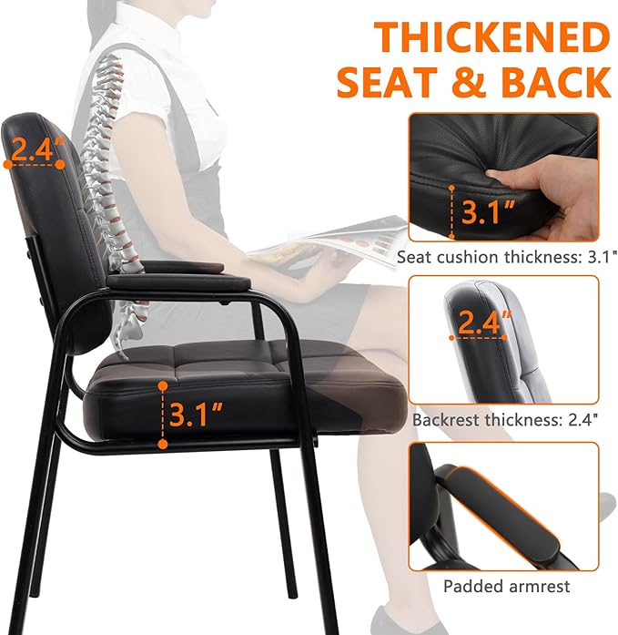 CLATINA Big & Tall 500 lbs Waiting Room Guest Chair, Leather Office Reception Chair No Wheels with Padded Arms for Elderly Home Desk Conference Room Lobby Side Salon Clinic, Black(6 Pack)
