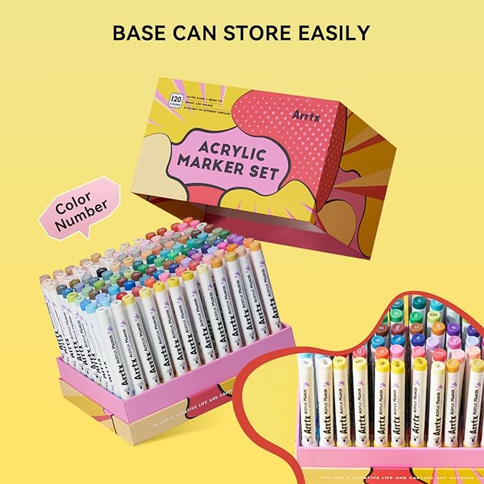 Arrtx 120 Colors Markers Paint Pens, Acrylic Paint Pens for Artists Adults Coloring Drawing Cartoon Anime Comic - Brush Tip for Rock Painting, Wood, Canvas, DIY Crafts Making Art Supplies