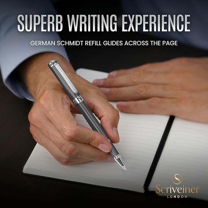 Scriveiner Dark Grey Rollerball Pen - Stunning Luxury Pen With Chrome Finish, Schmidt Ink Refill, Best Roller Ball Gift Set for Men & Women, Professional, Executive Office, Nice Pens