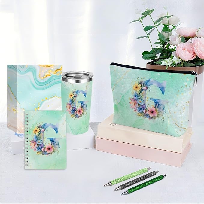 Personalized Gifts Monogrammed Birthday Gifts for Women, Mentor Employee Boss Day Christmas Initial 20 oz Tumbler, Makeup Bag Cup Ballpoint Pens Journal Notebook 6 Set, (Aesthetic Green Flower G)