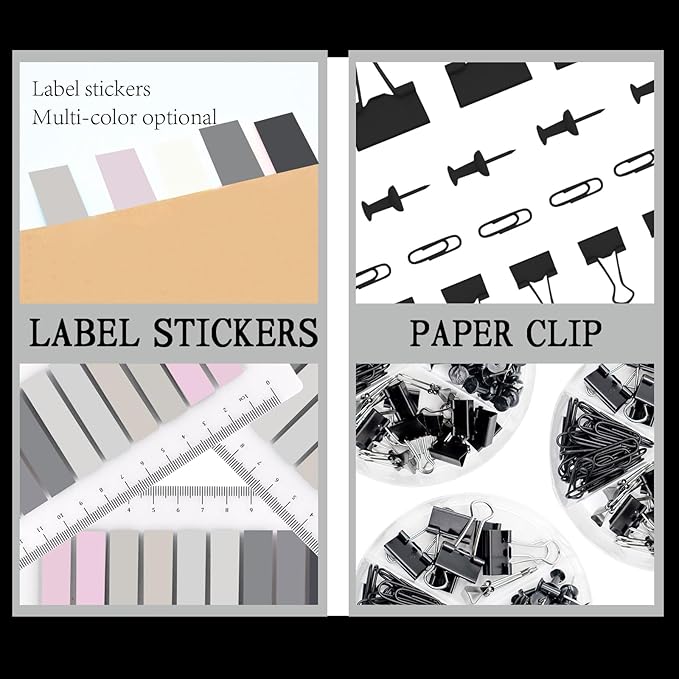 Black Office Supplies,UPIHO Black Desk Accessories,Stapler and Tape Dispenser Set for with Large Stapler,Tape Dispenser, Staple Remover, Staples, Clips,Scissor and Tabs,Gifts for Office Clerks