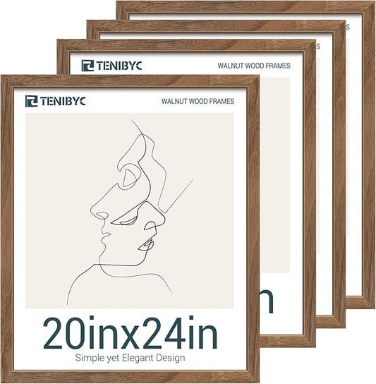 20x24 Picture Frame 4 Pack, Brown Walnut Wood Poster Frame, Horizontal and Vertical Display, Wall Hanging