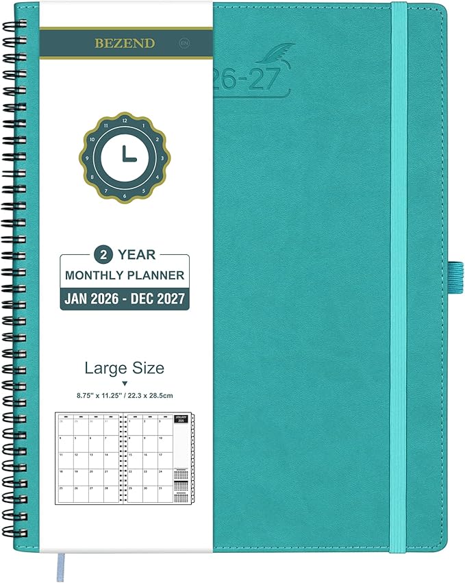 BEZEND Monthly Planner 2026-2027 (Spiral-8.5" x 11") 2 Year Calendar Book with Note Pages - Jan 26 to Dec 27-120 GSM Paper, Inner Pockets, Laminated Tabs, Vegan Leather Softcover - Turquoise