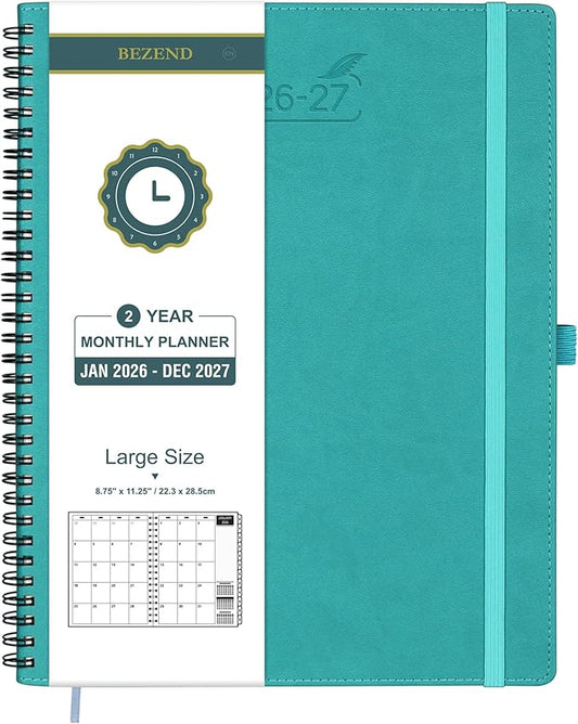 BEZEND Monthly Planner 2026-2027 (Spiral-8.5" x 11") 2 Year Calendar Book with Note Pages - Jan 26 to Dec 27-120 GSM Paper, Inner Pockets, Laminated Tabs, Vegan Leather Softcover - Turquoise
