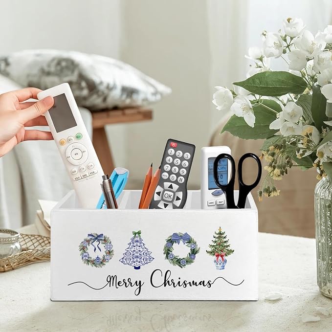 Chinoiserie Christmas Pen Pencil Holder Organizer for Desk Accessories, Christmas Office Decor, Coquette Blue Xmas Tree Wreath Wooden Box Signs Decorations for Home Office Desk Tabletop