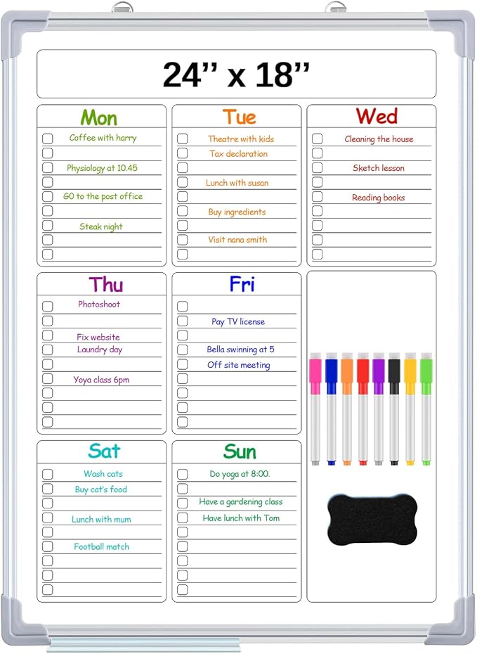 Lincia Magnetic to Do List Whiteboard for Wall 24" x 18" Large Weekly Dry Erase Board, Hanging Double-Side White Board Calendar for Planning Drawing Memo Home Kitchen Office(White)