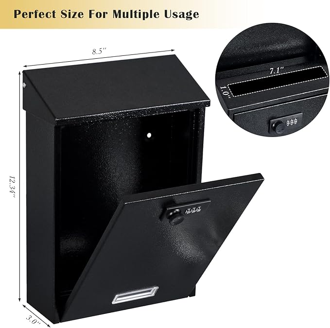 xydled Mail Boxes with Combination Lock,Locking Mailbox Wall Mounted,Large Capacity,Steel Cover Metal Postbox for House, 12.4×8.5×3 Inch, Black