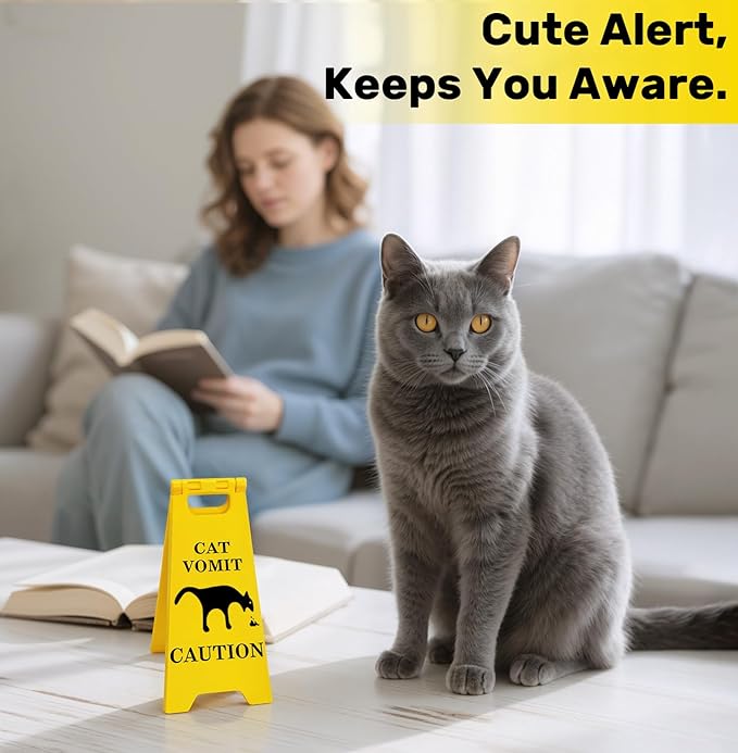 Funny Mini Cat Vomit Caution Sign– Funny Office Desk Decor or Home, Cat Puke Warning Sign, Gag Gift for Cat Lovers, Cat Mom & Cat Dad Gifts, Cute Cubicle Accessory, Cat Lover Home Decor